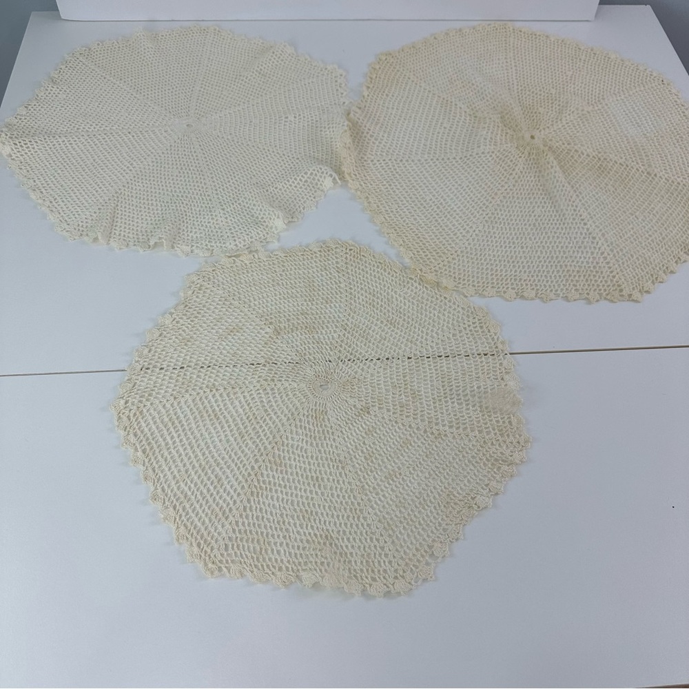 Set of Three Cream Crochet Doilies Round Slightly Different Sizes See Pictures